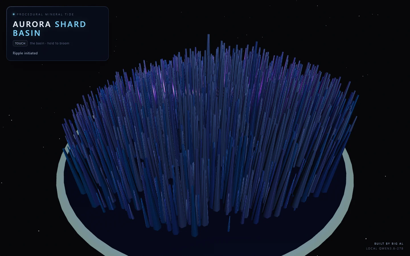 Interaction test where almost every shard in the basin rises together instead of a localized bloom
