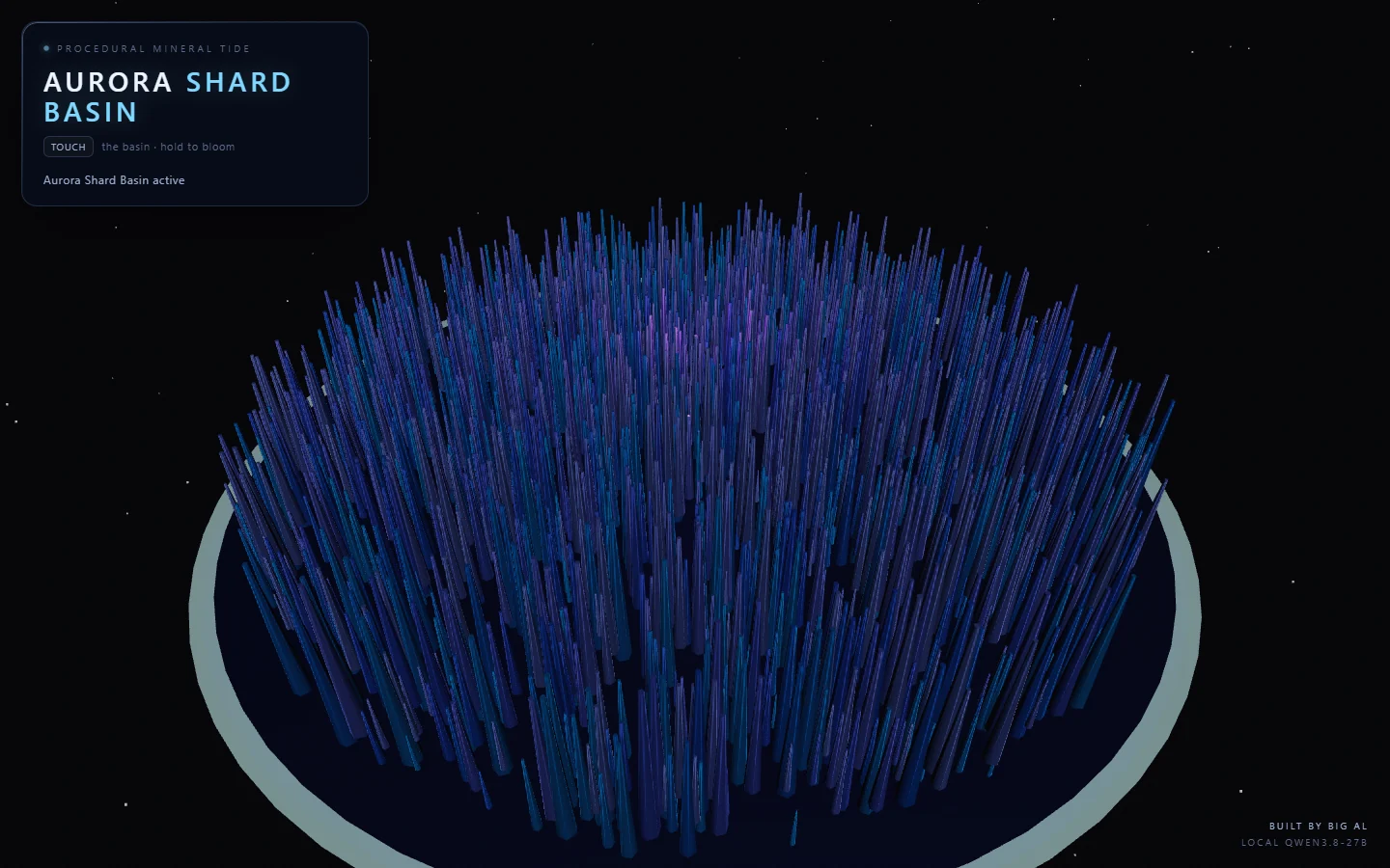 Final Aurora Shard Basin demo: a circular field of blue, cyan, and violet crystalline shards against a dark star field